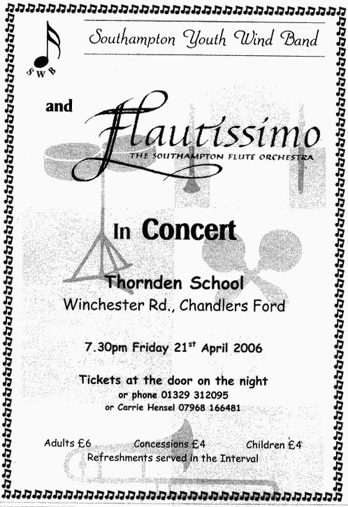 Poster for concert with Southampton Youth Wind Band, 21st April 2006