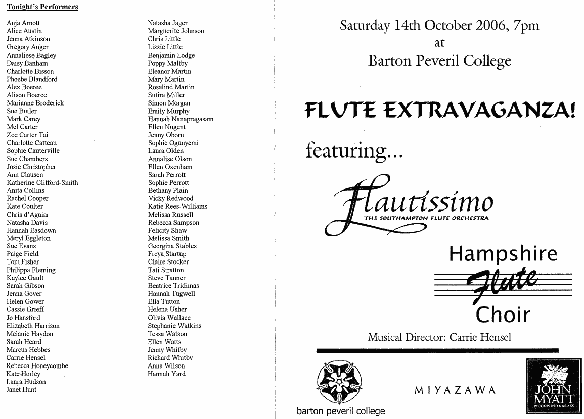 Programme for Flute Extravaganza concert, 14th October 2010