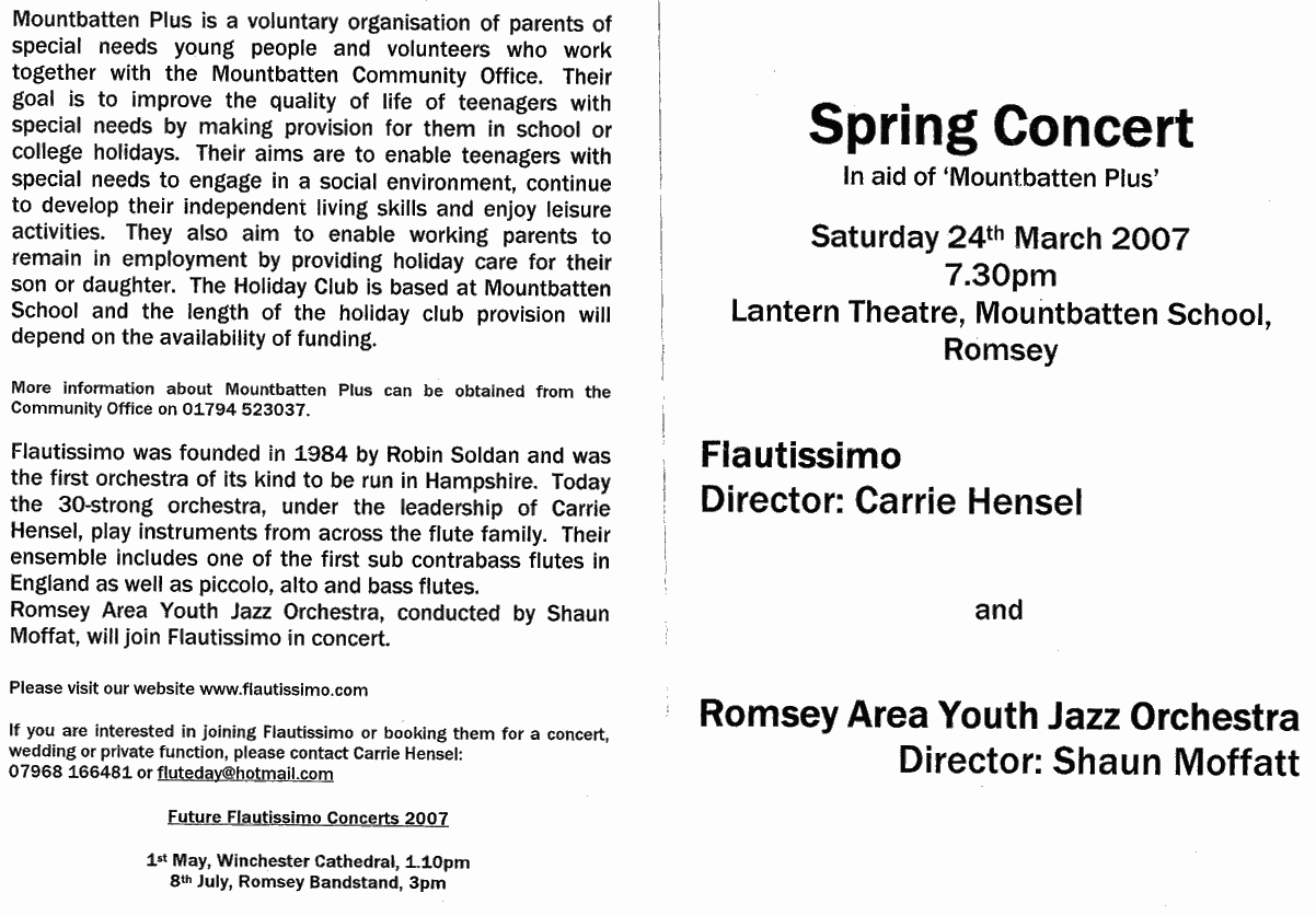 Programme for Spring concert with Romsey Area Jazz Orchestra, 24th March 2007