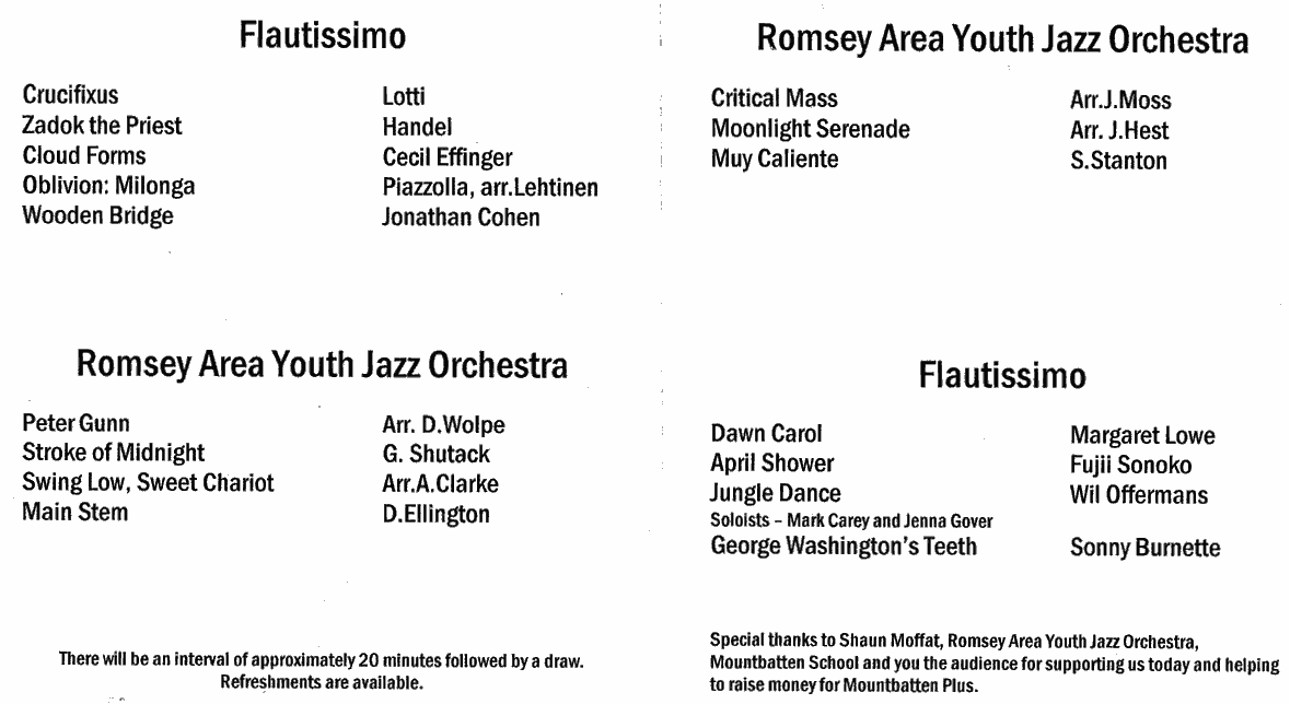 Programme for Spring concert with Romsey Area Jazz Orchestra, 24th March 2007