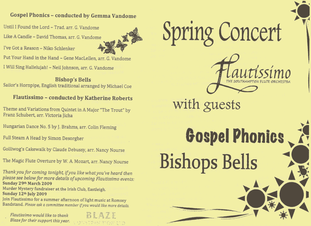 Program for Spring Concert with local groups Bishop's Bells and Gospel Phonics, 27th March 2009