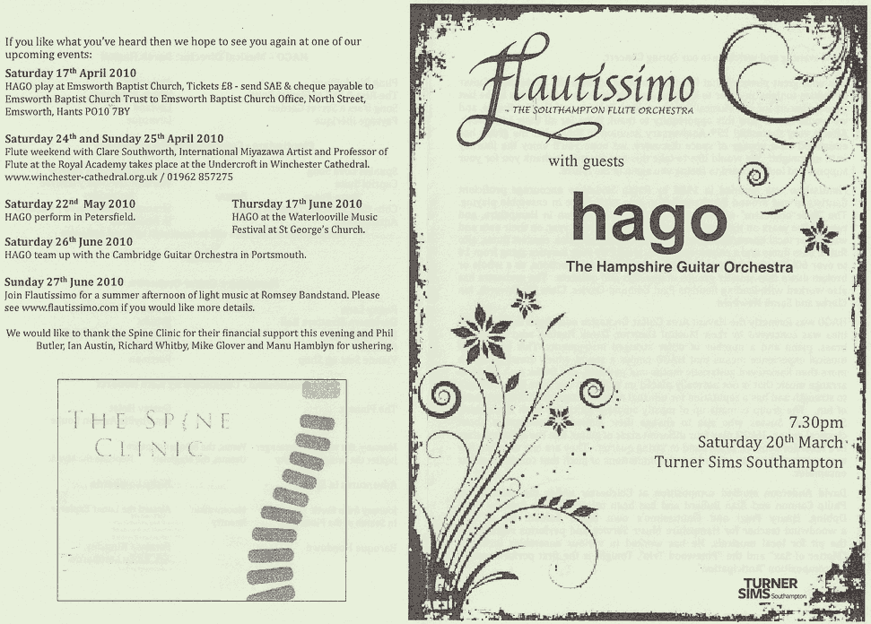 Program for Spring Concert at the Turner Sims with hago, 20th March 2010