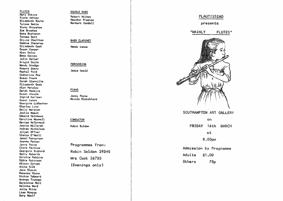 Programme for Flautissimo's first concert, 16th March 1984
