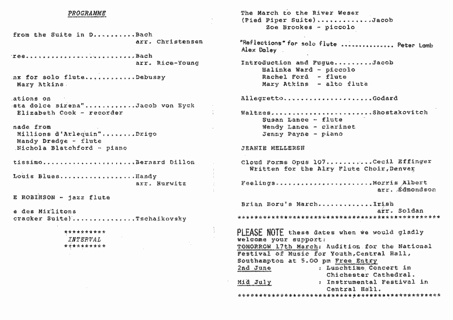 Programme for Flautissimo's first concert, 16th March 1984