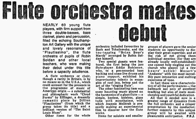 Echo article on Flautissimo's first concert, 24th March 1984