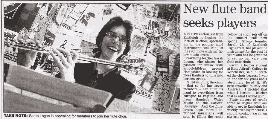 Sarah in the Daily Echo before joining Flautisismo, 2nd November 2000